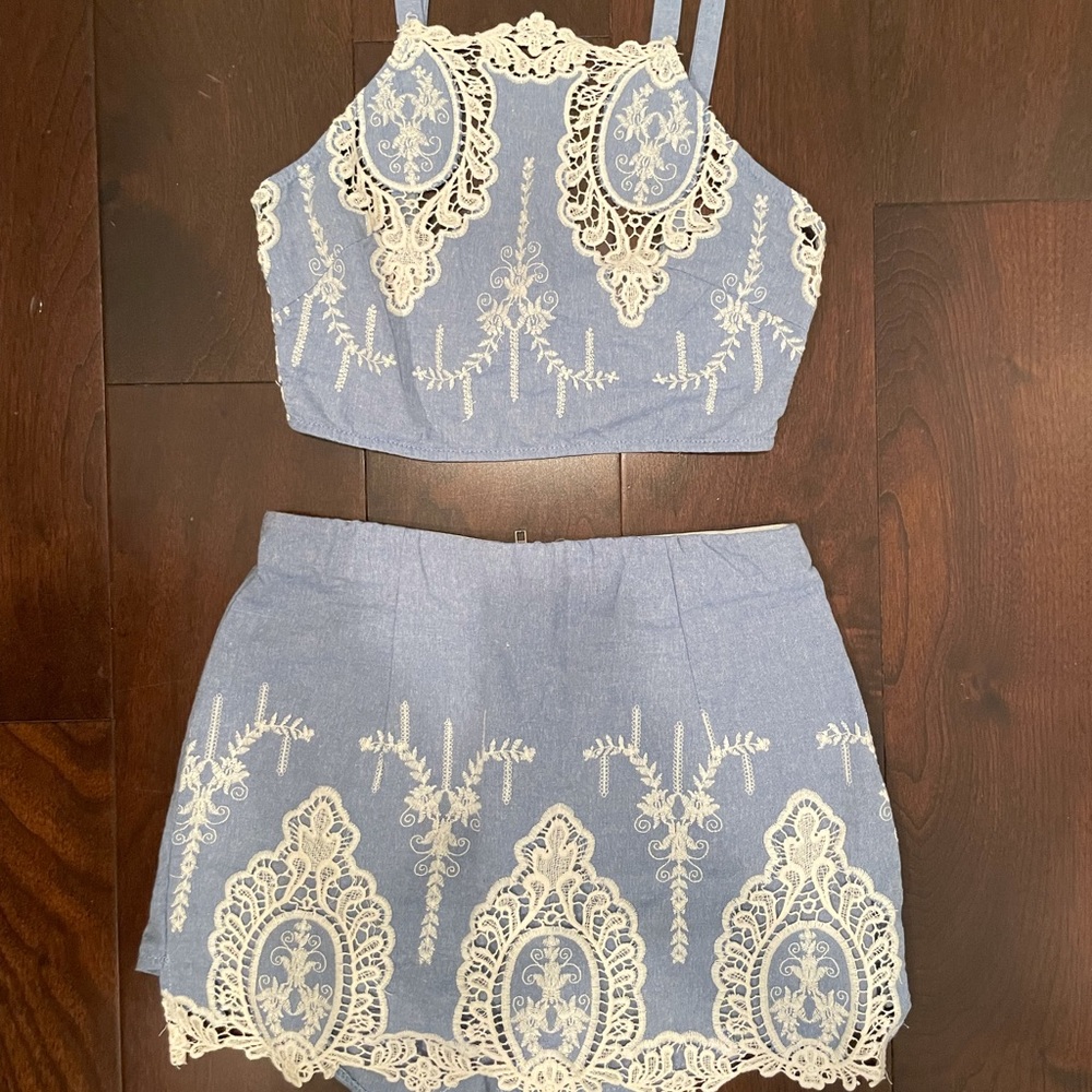 LF Two Piece Lace & Chambray Skort Set